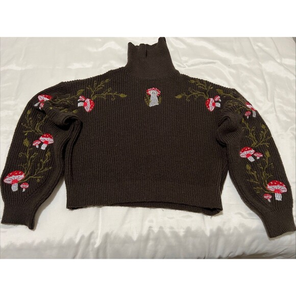 Romwe Sweater Mushroom Turtleneck Crop Fairycore Retro Brown 1 XL Embroidered - Picture 1 of 16